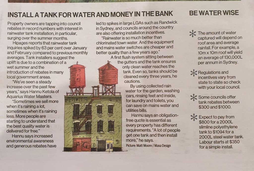 Install a tank for water and money in the bank
